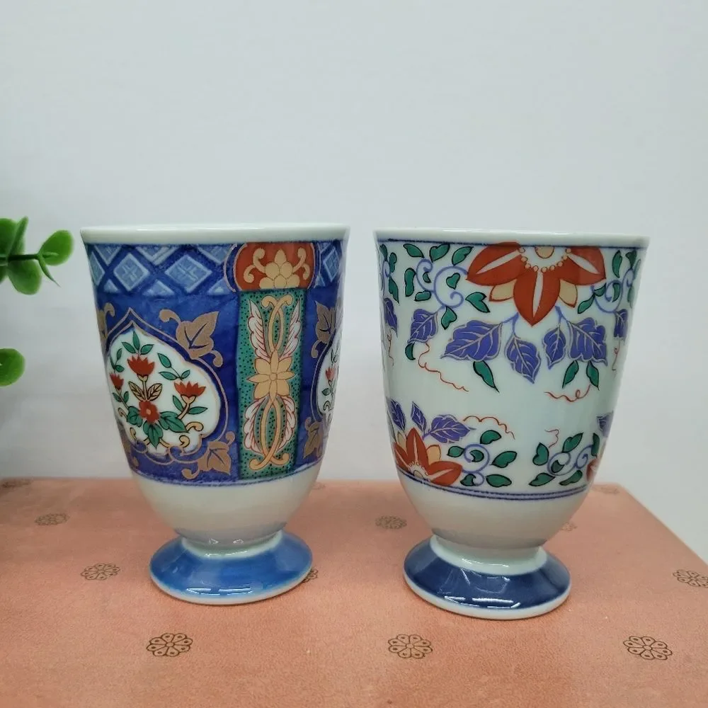 Pair Japanese Vintage Arita Porcelain Footed Tea Cups